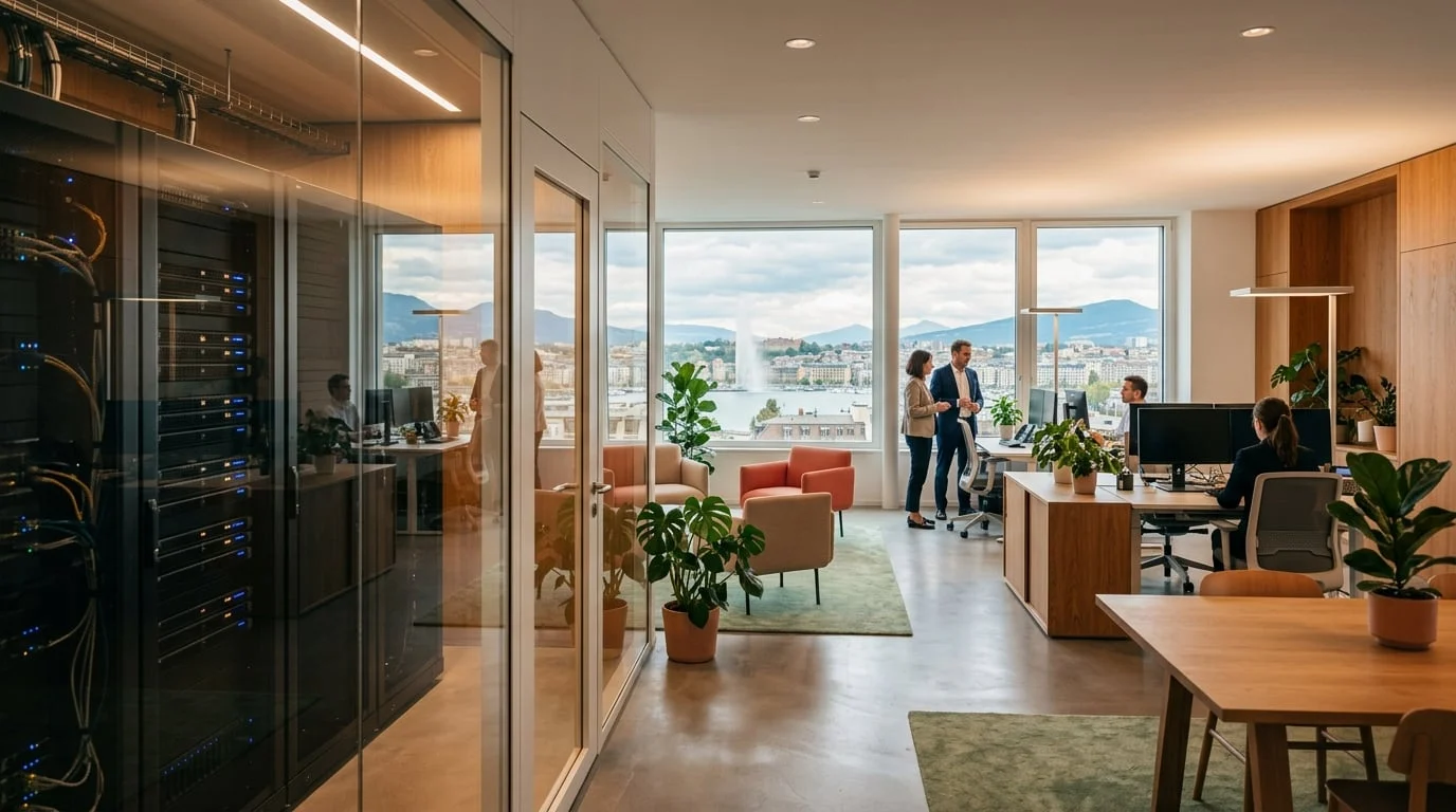 Bureau moderne QOSIT avec infrastructure informatique à Genève